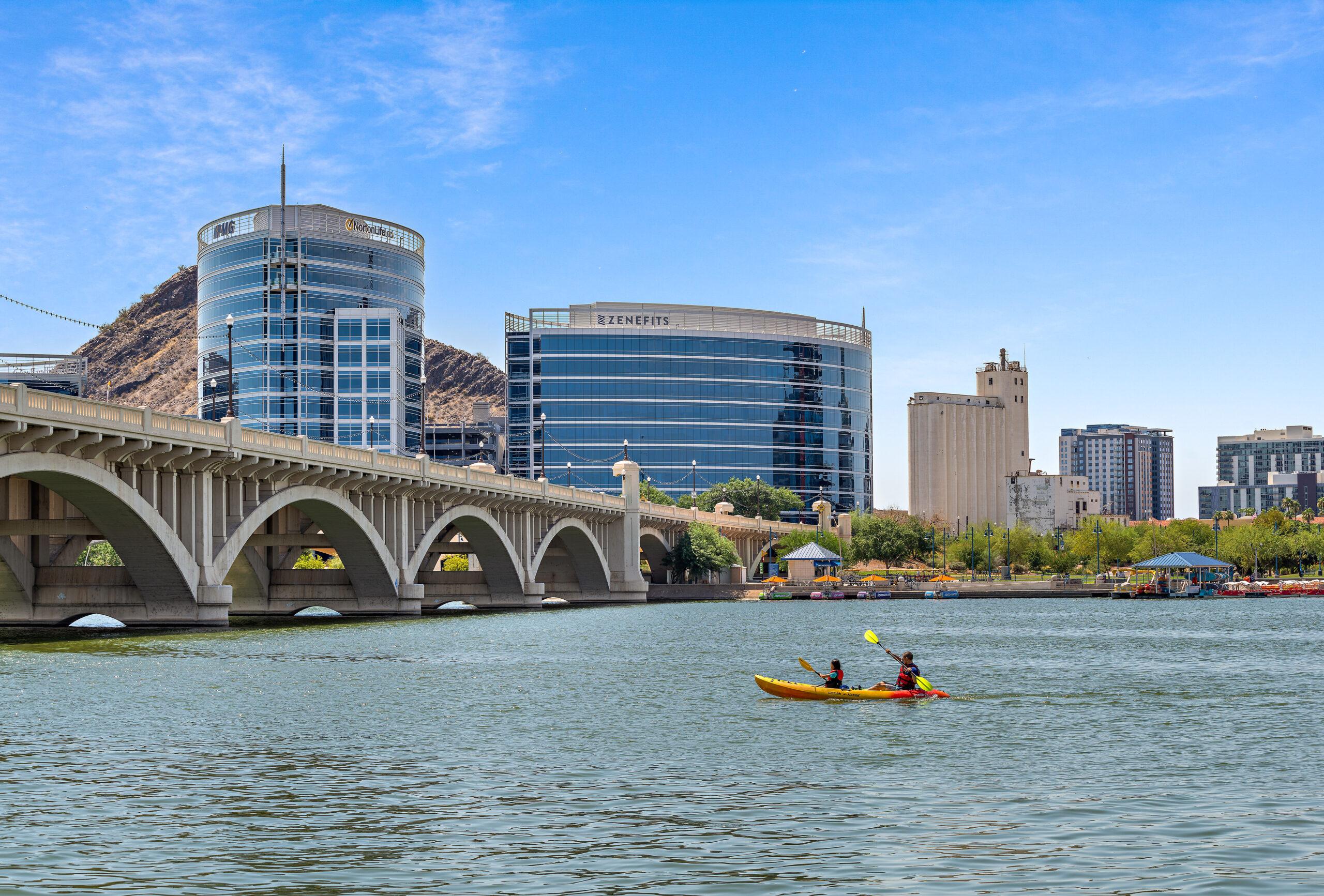 Two kayakers in the Tempe Town Lake.