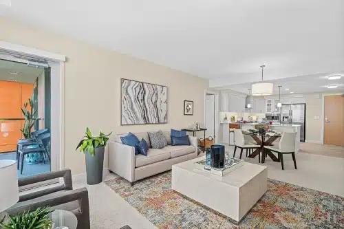 A living and dining room in a Mirabella at ASU apartment.