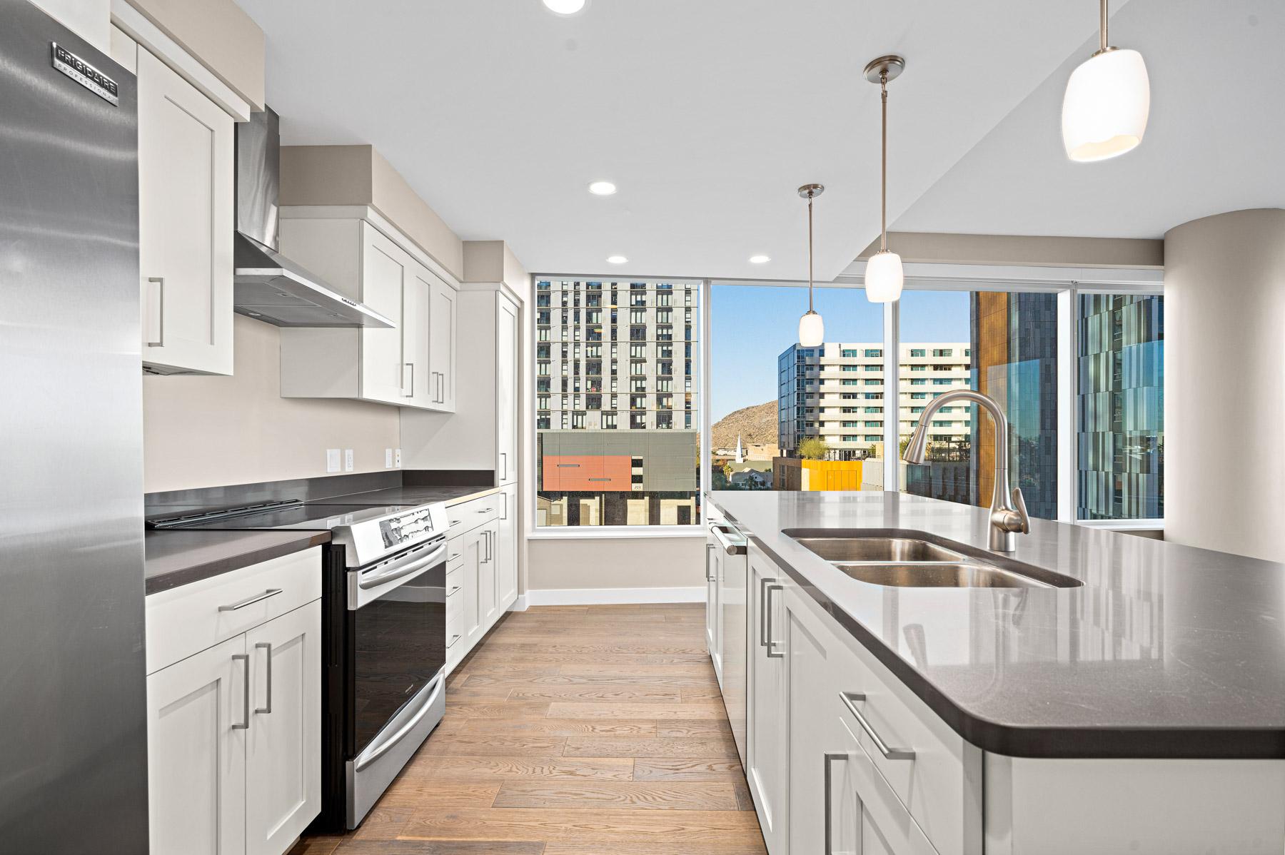 A kitchen in a Falcon II residence at Mirabella at ASU.