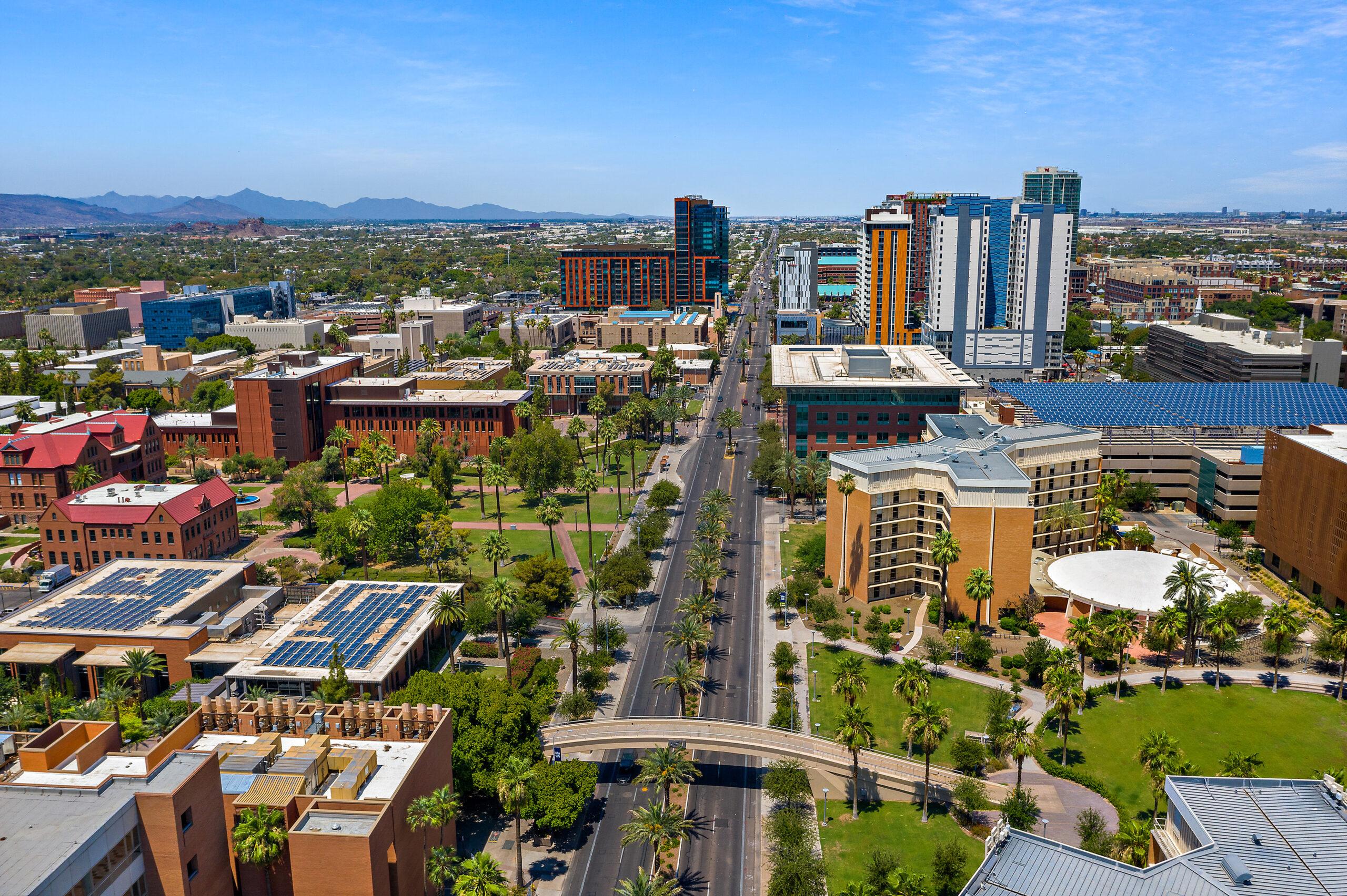 Aerial view of Mirabella at ASU and the surrounding town of Tempe.