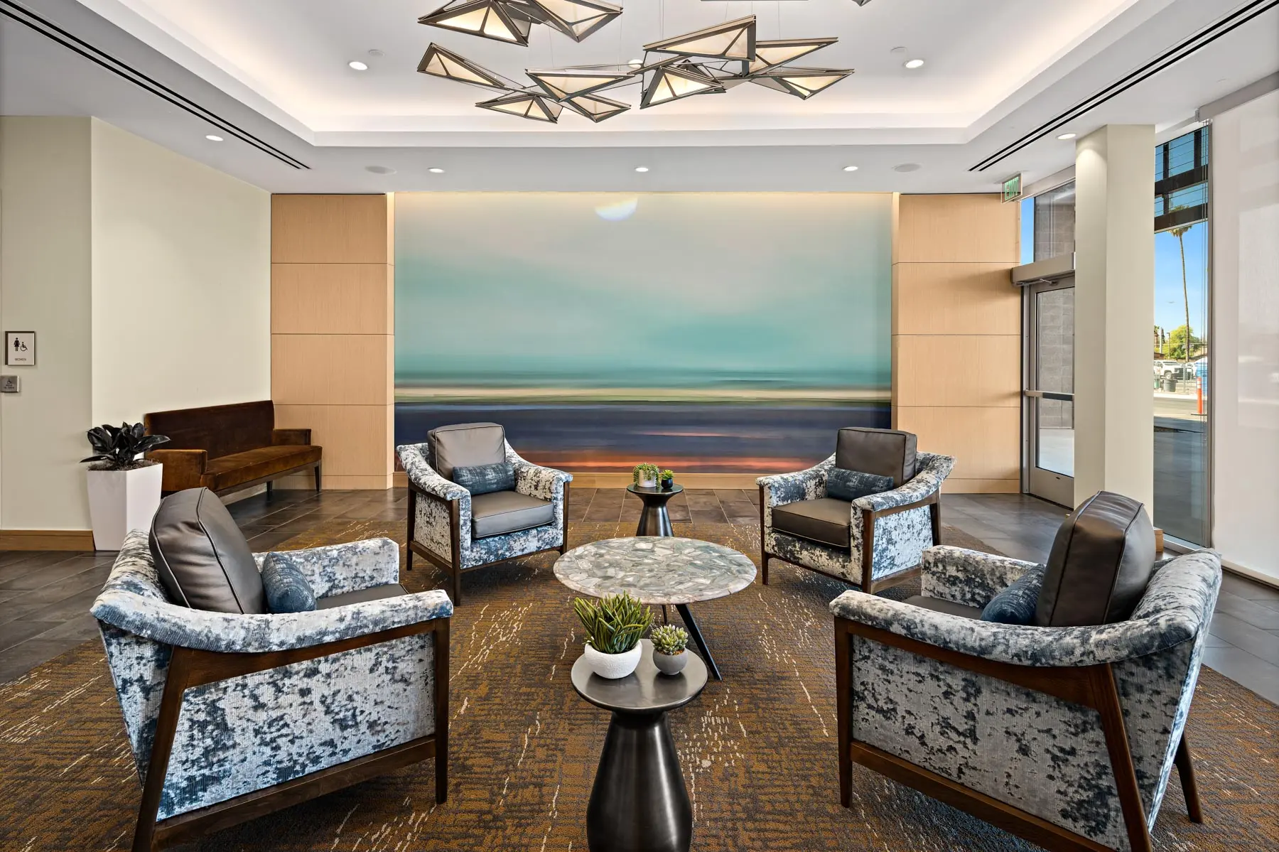 A seating area outside of the Mirabella at ASU auditorium.